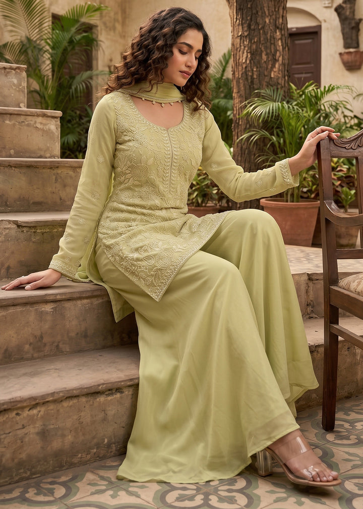 Light Green Chinon Silk Sharara Suit with Delicate Hand-Beaded Embroidery