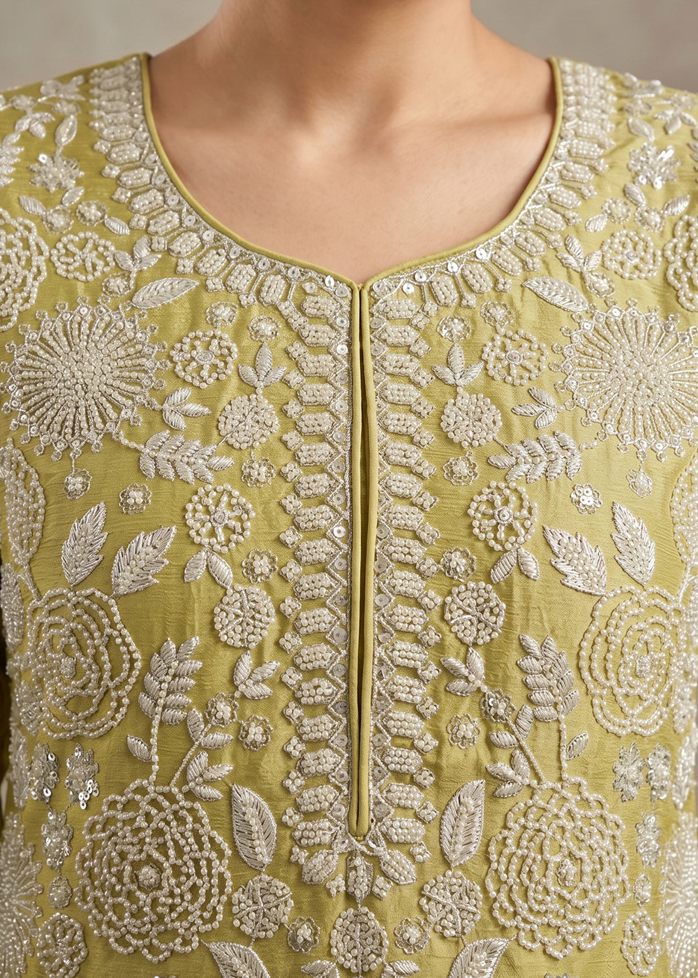 Light Green Chinon Silk Sharara Suit with Delicate Hand-Beaded Embroidery