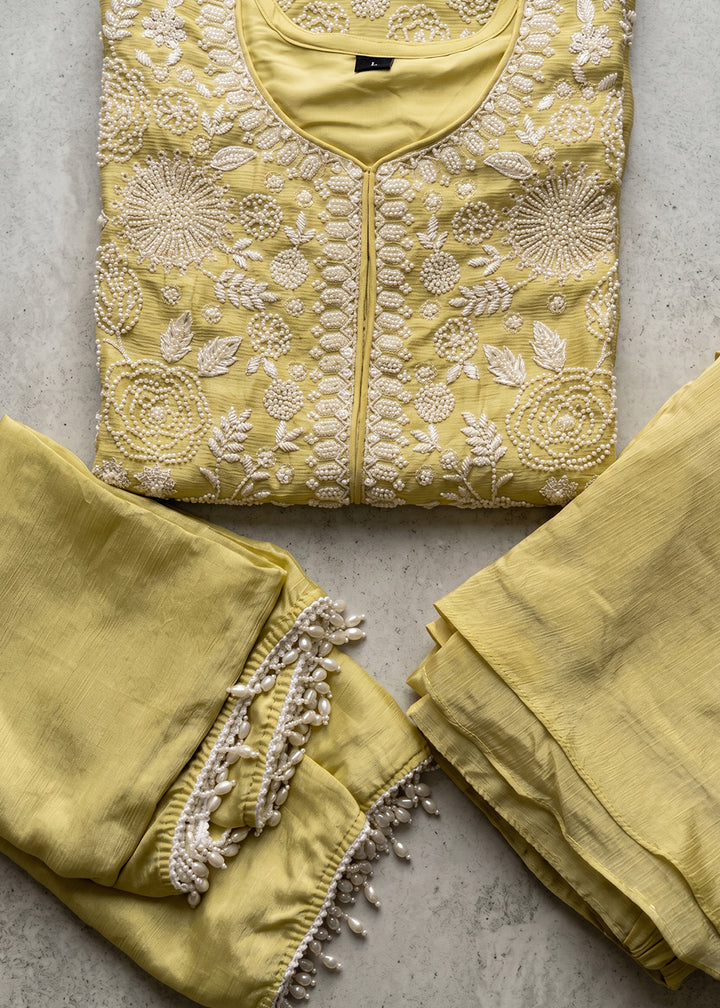 Light Green Chinon Silk Sharara Suit with Delicate Hand-Beaded Embroidery