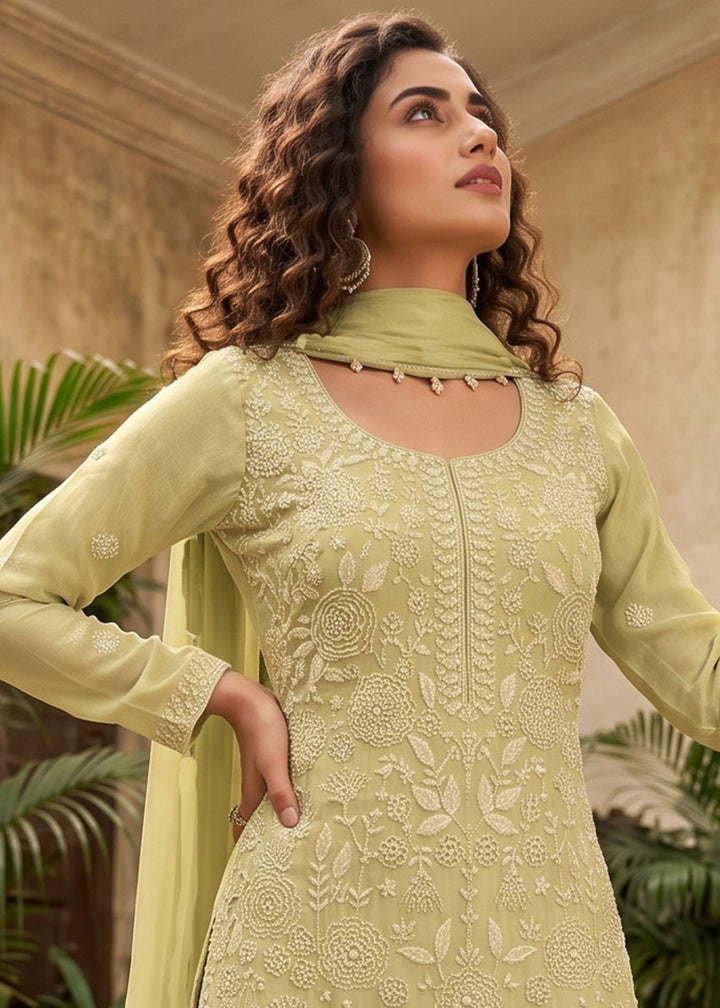 Light Green Chinon Silk Sharara Suit with Delicate Hand-Beaded Embroidery