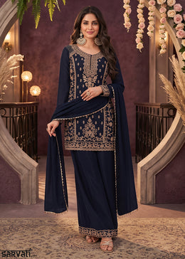 Denim Blue Chinon Silk Palazzo Suit with Luxury Bead Embellishments