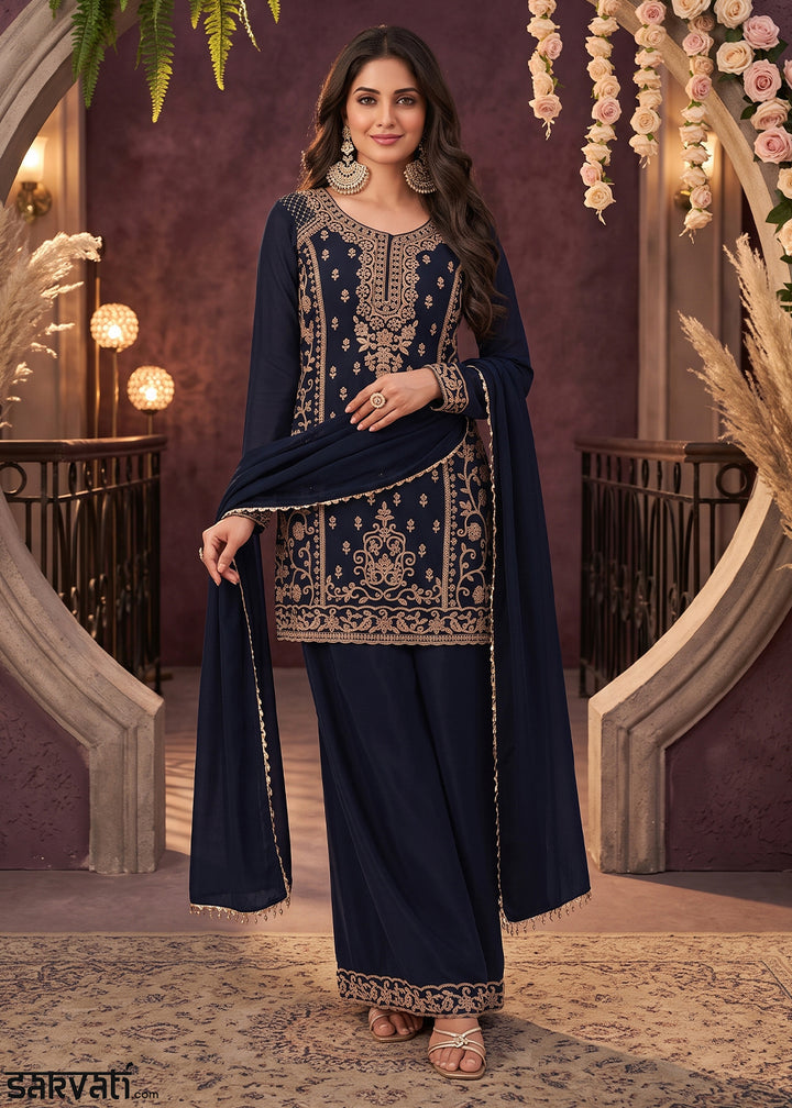 Denim Blue Chinon Silk Palazzo Suit with Luxury Bead Embellishments