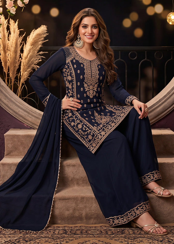 Denim Blue Chinon Silk Palazzo Suit with Luxury Bead Embellishments