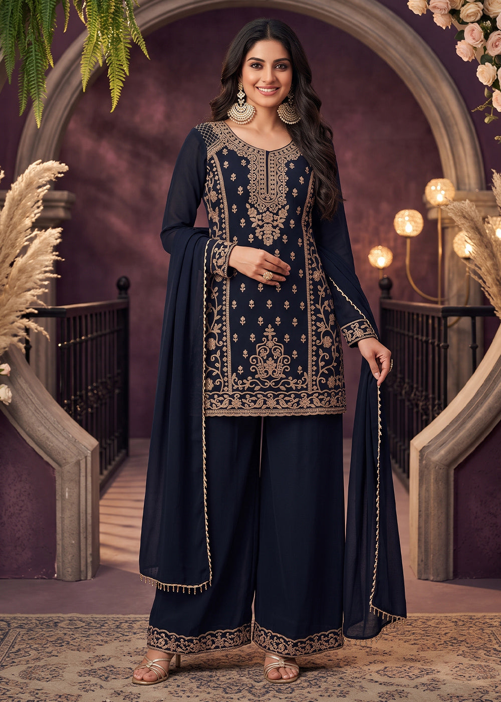 Denim Blue Chinon Silk Palazzo Suit with Luxury Bead Embellishments