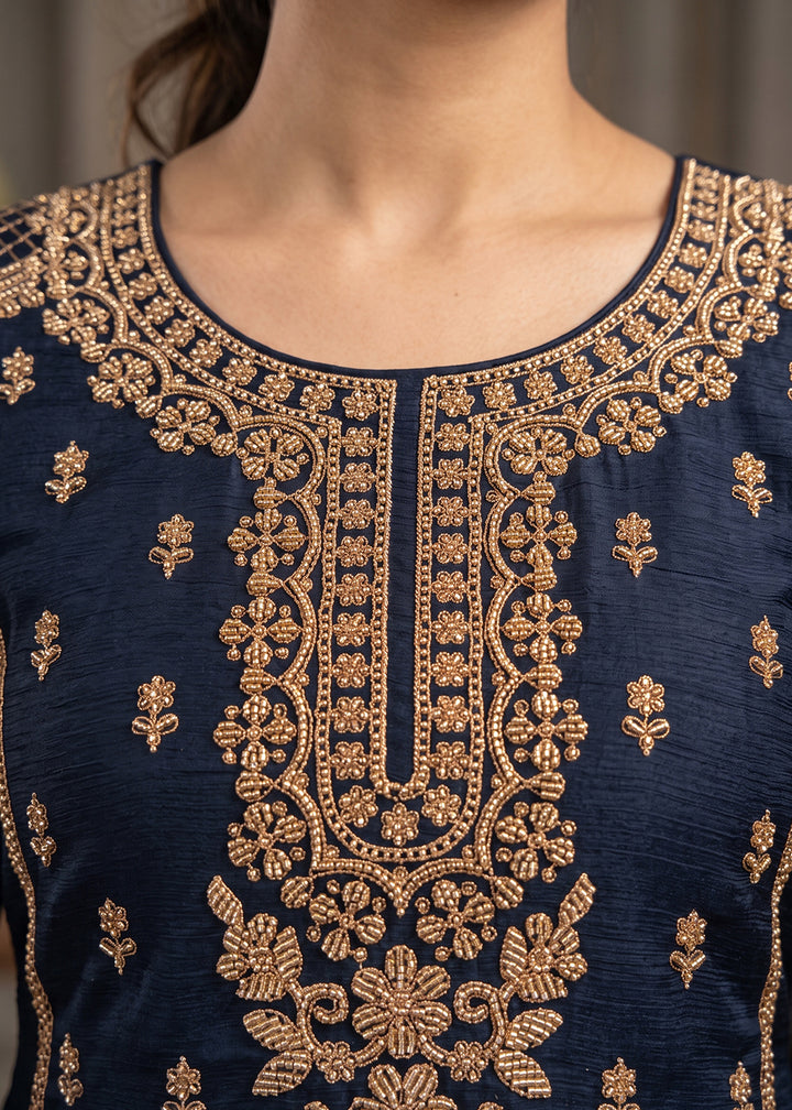 Denim Blue Chinon Silk Palazzo Suit with Luxury Bead Embellishments
