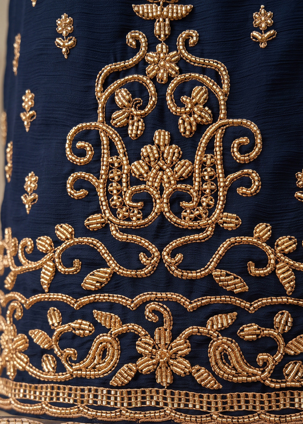 Denim Blue Chinon Silk Palazzo Suit with Luxury Bead Embellishments