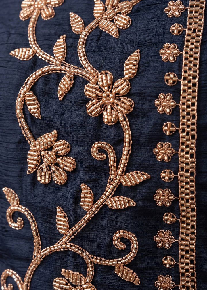 Denim Blue Chinon Silk Palazzo Suit with Luxury Bead Embellishments