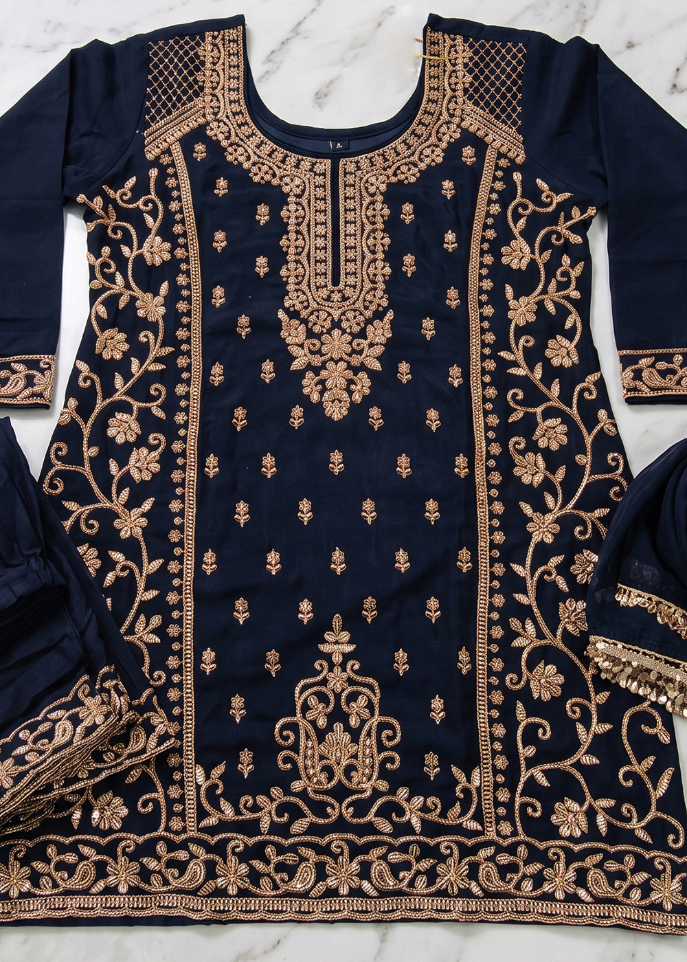 Denim Blue Chinon Silk Palazzo Suit with Luxury Bead Embellishments