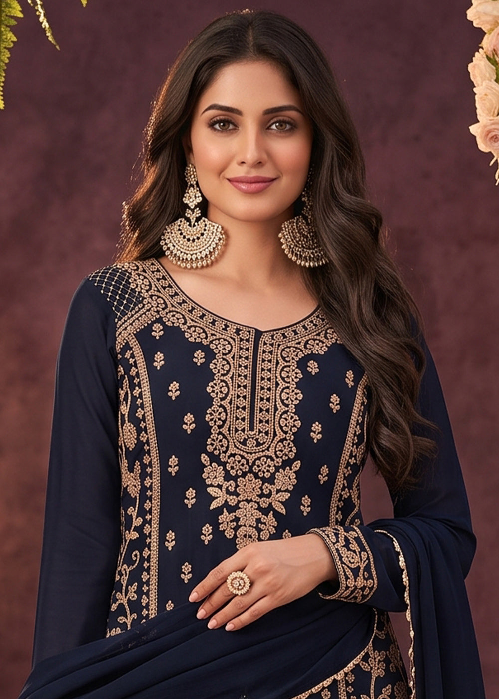 Denim Blue Chinon Silk Palazzo Suit with Luxury Bead Embellishments
