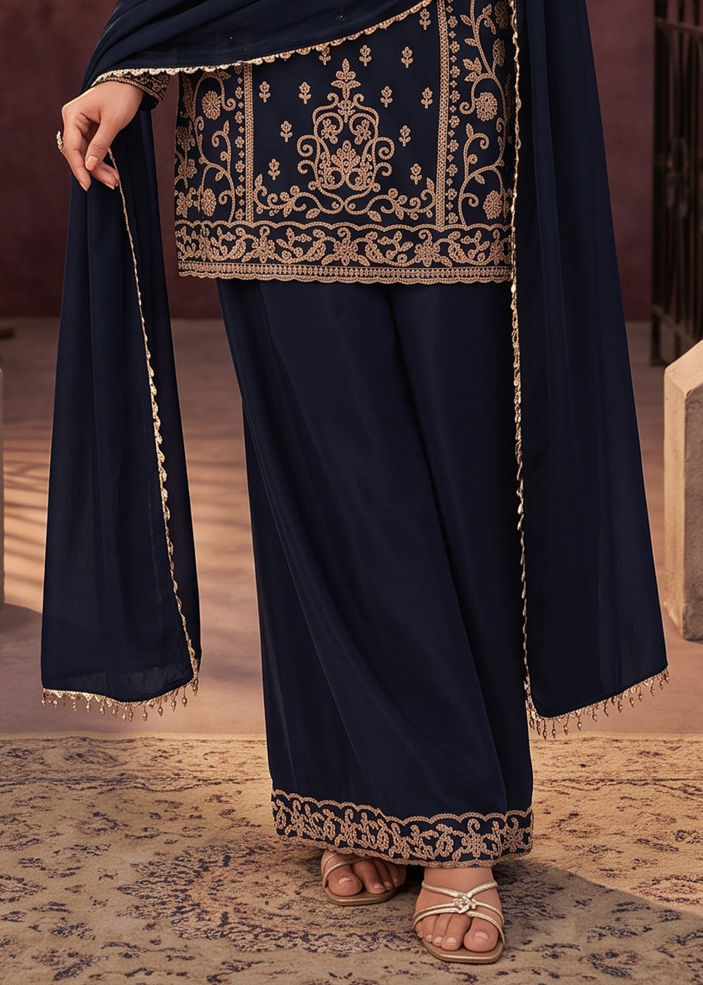 Denim Blue Chinon Silk Palazzo Suit with Luxury Bead Embellishments