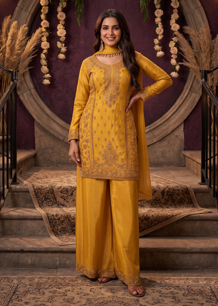 Mustard Yellow Chinon Silk Palazzo Suit with Luxury Bead Embellishments