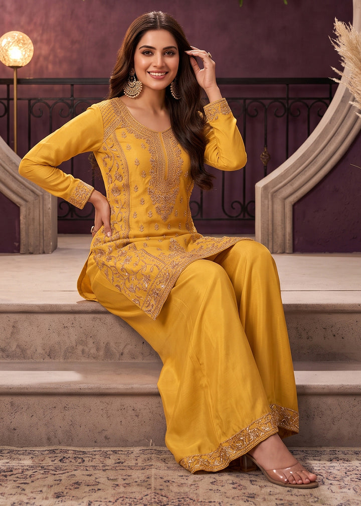 Mustard Yellow Chinon Silk Palazzo Suit with Luxury Bead Embellishments