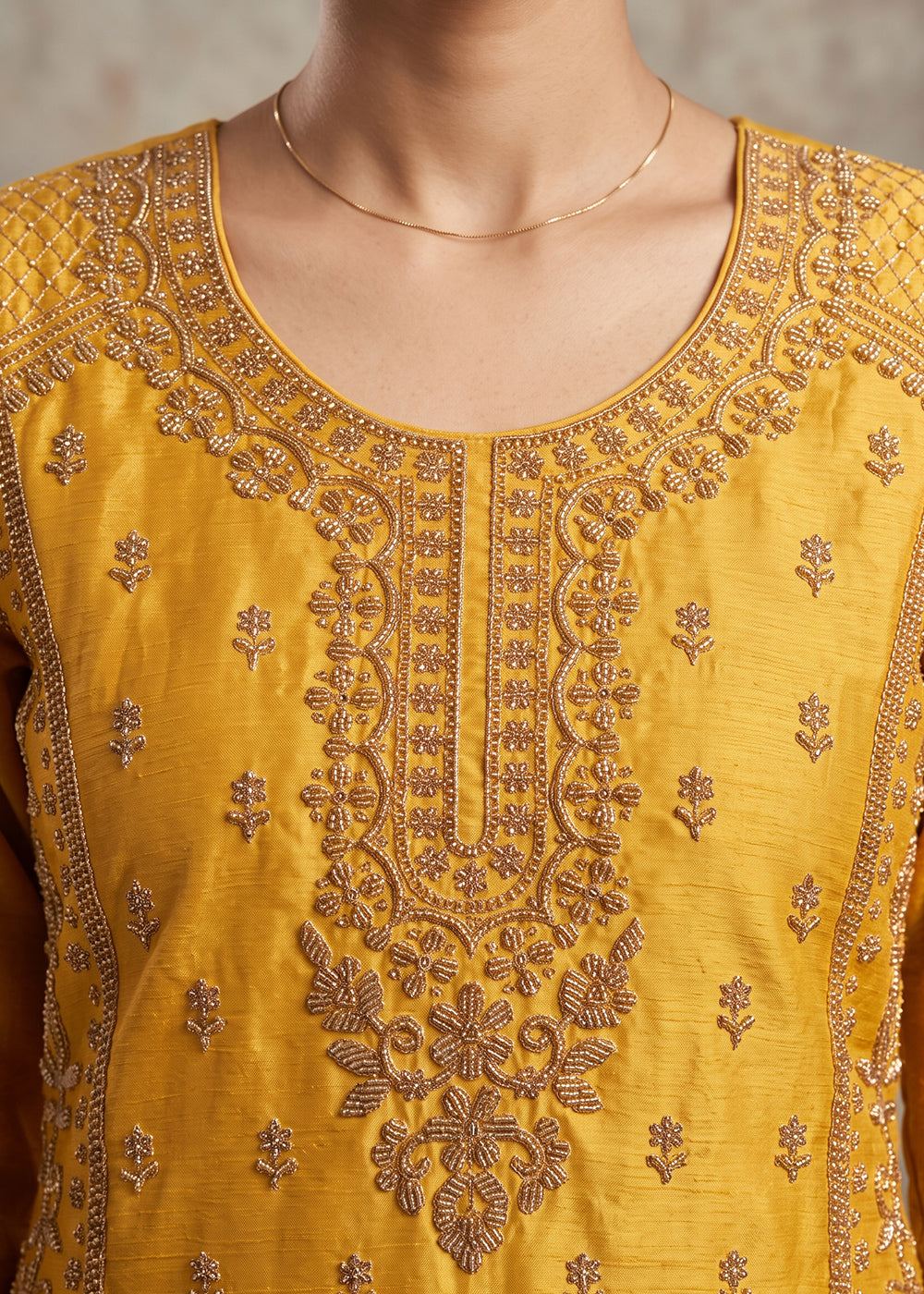 Mustard Yellow Chinon Silk Palazzo Suit with Luxury Bead Embellishments
