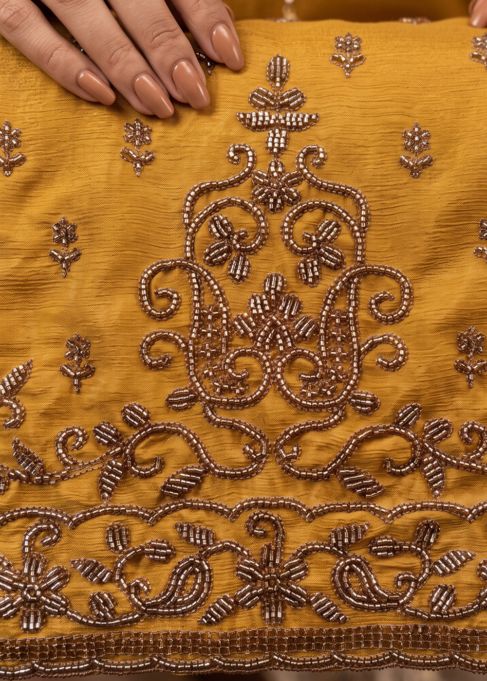 Mustard Yellow Chinon Silk Palazzo Suit with Luxury Bead Embellishments