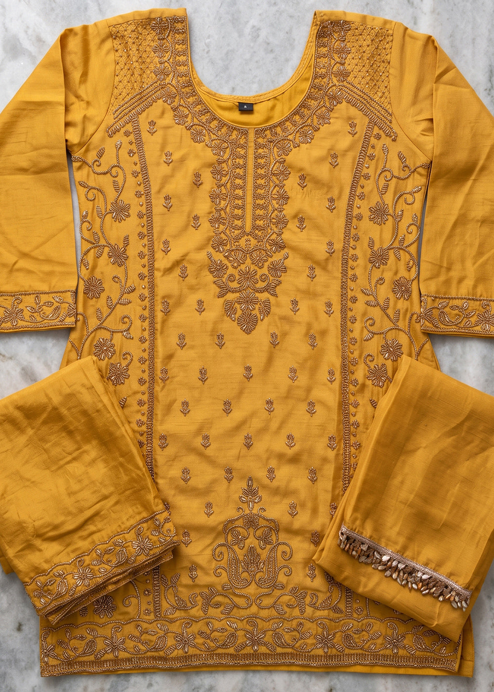 Mustard Yellow Chinon Silk Palazzo Suit with Luxury Bead Embellishments