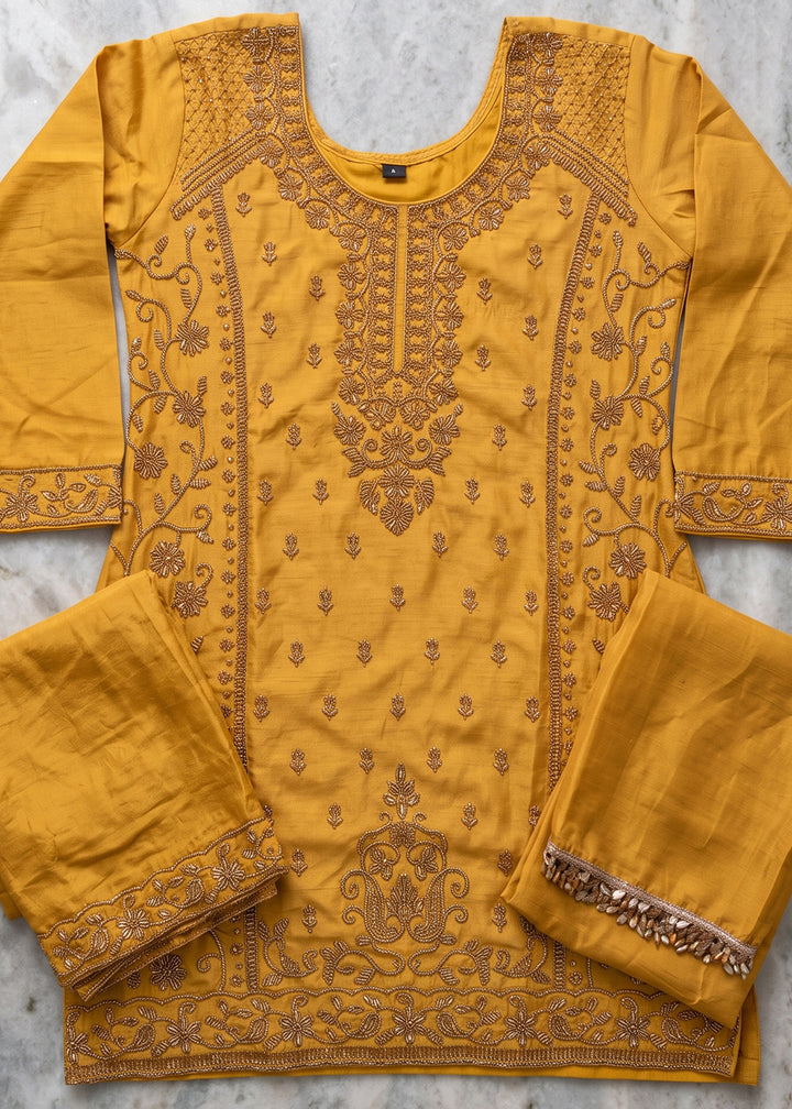 Mustard Yellow Chinon Silk Palazzo Suit with Luxury Bead Embellishments