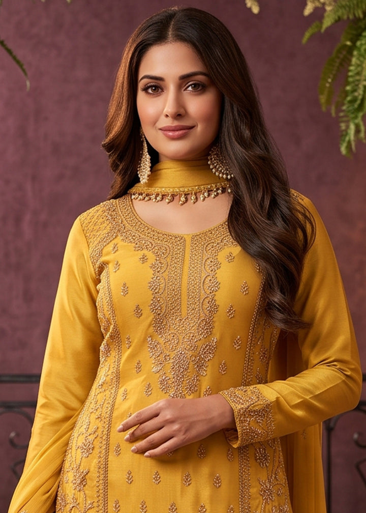 Mustard Yellow Chinon Silk Palazzo Suit with Luxury Bead Embellishments