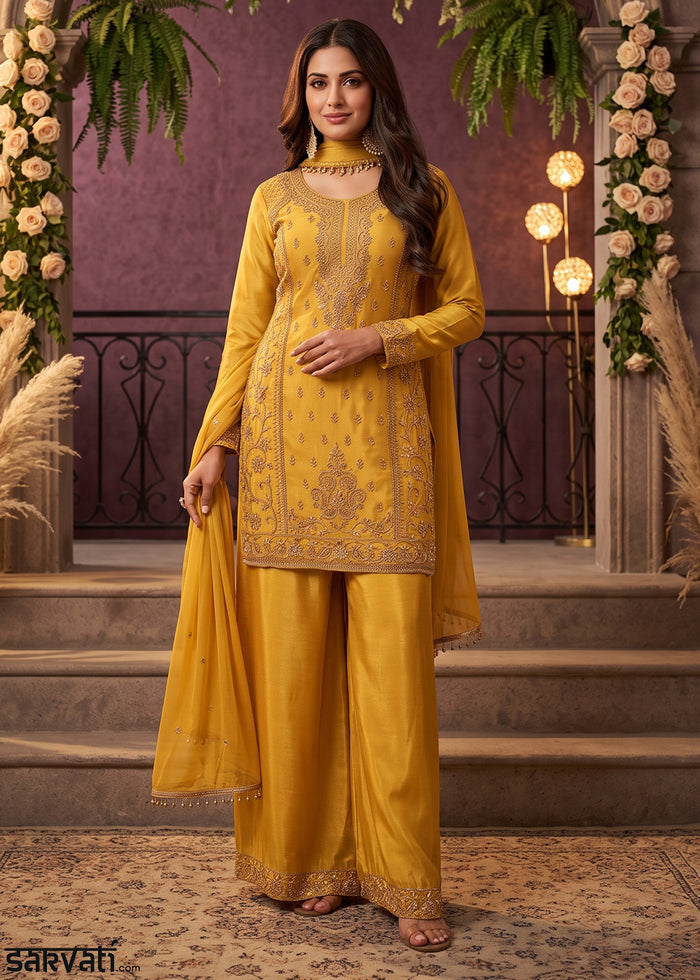 Mustard Yellow Chinon Silk Palazzo Suit with Luxury Bead Embellishments