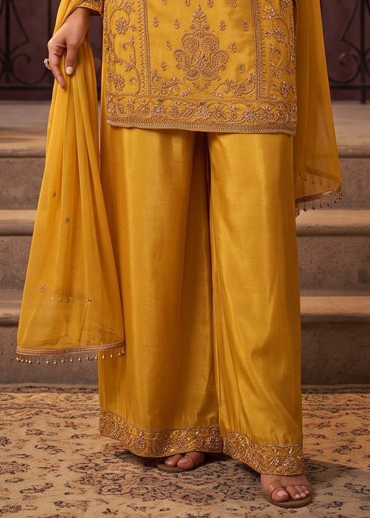 Mustard Yellow Chinon Silk Palazzo Suit with Luxury Bead Embellishments