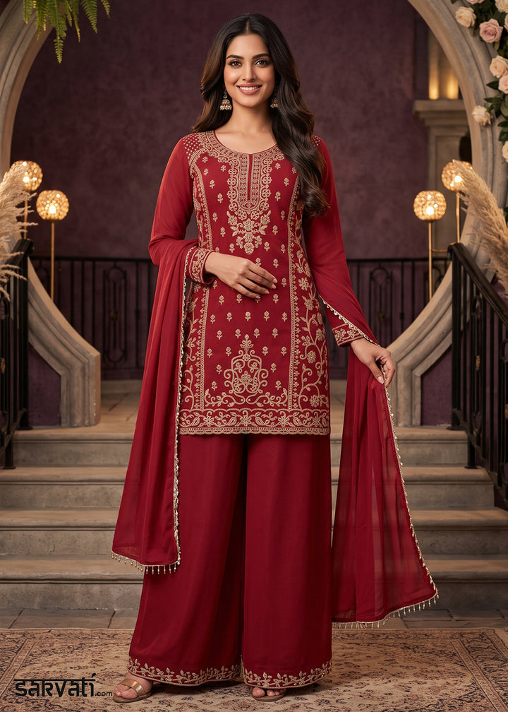 Scarlet Red Chinon Silk Palazzo Suit with Ornate Embroidery