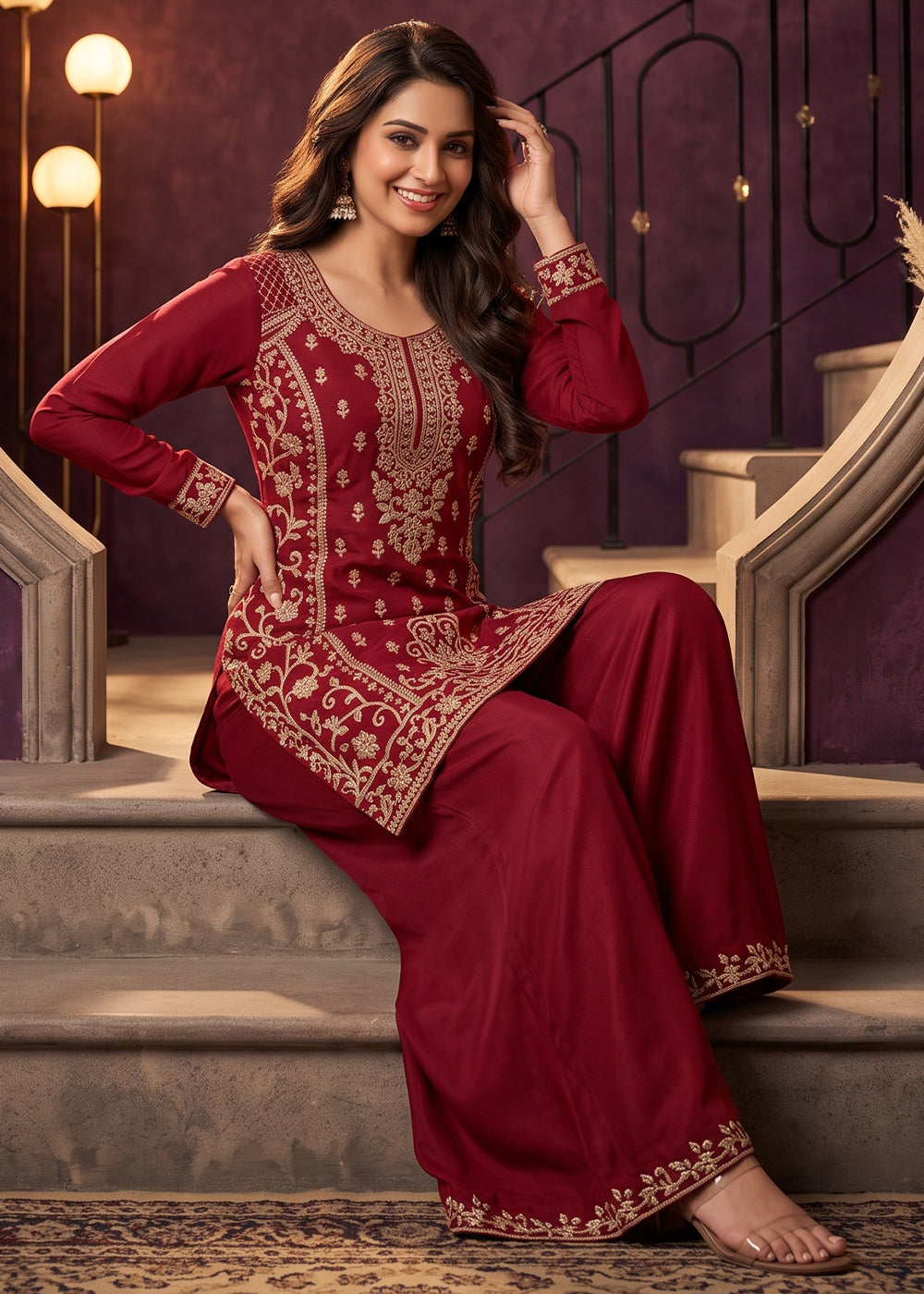 Scarlet Red Chinon Silk Palazzo Suit with Ornate Embroidery