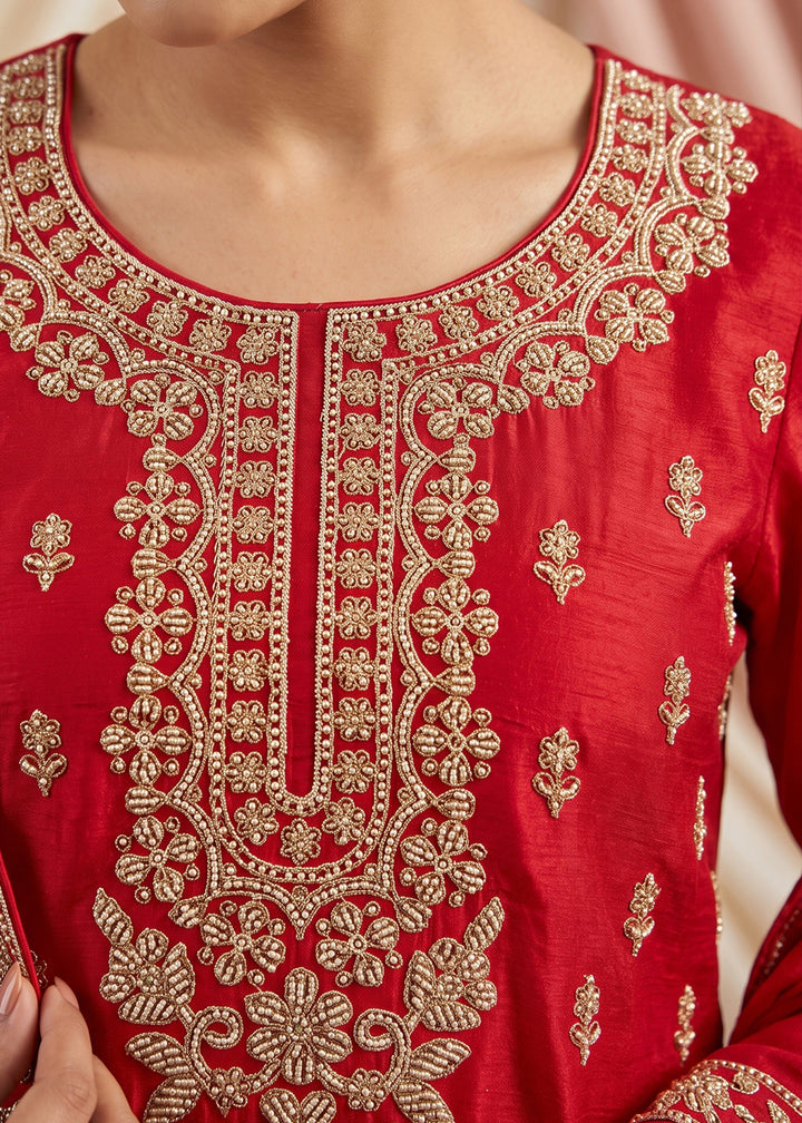Scarlet Red Chinon Silk Palazzo Suit with Ornate Embroidery