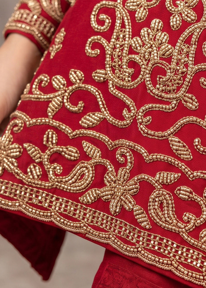 Scarlet Red Chinon Silk Palazzo Suit with Ornate Embroidery