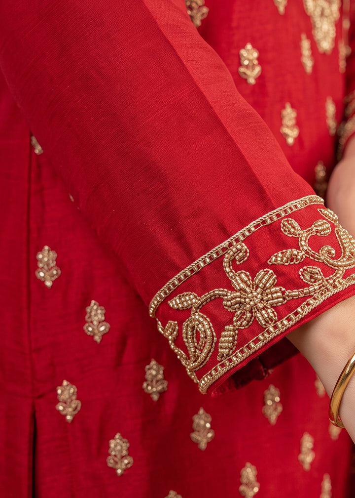 Scarlet Red Chinon Silk Palazzo Suit with Ornate Embroidery