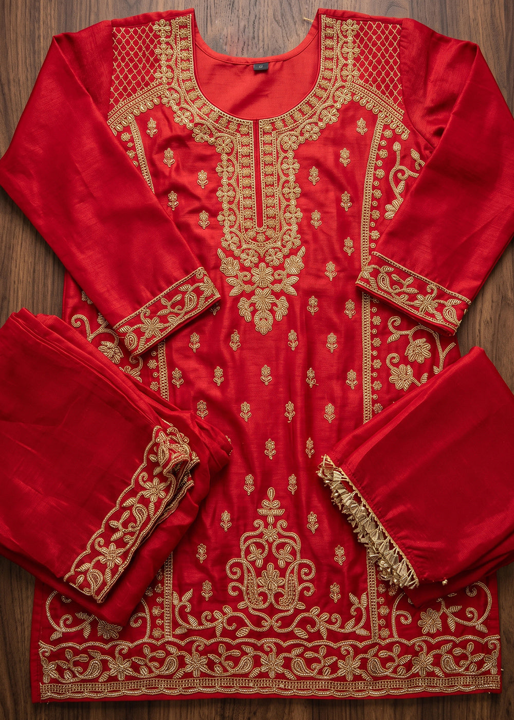 Scarlet Red Chinon Silk Palazzo Suit with Ornate Embroidery