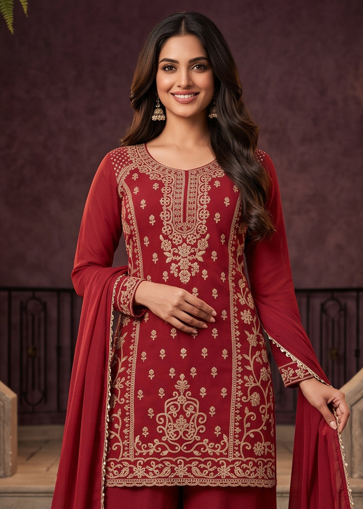 Scarlet Red Chinon Silk Palazzo Suit with Ornate Embroidery