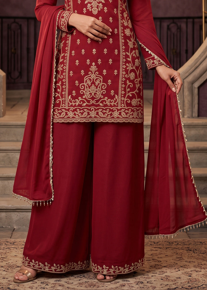 Scarlet Red Chinon Silk Palazzo Suit with Ornate Embroidery