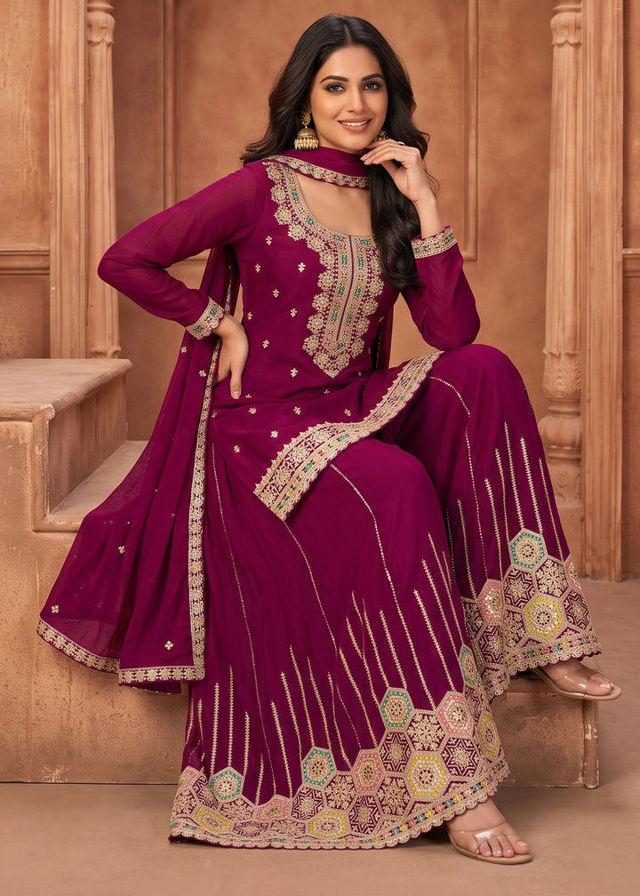 Lollipop Purple Chinon Silk Sharara Suit with Ornamental Embroidery