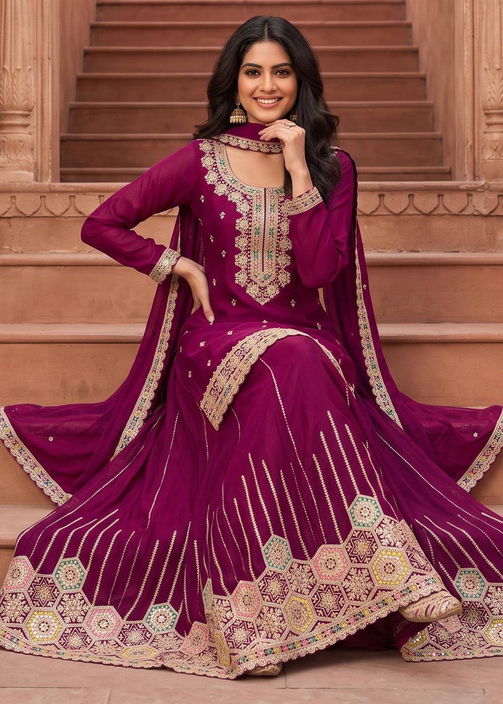 Lollipop Purple Chinon Silk Sharara Suit with Ornamental Embroidery