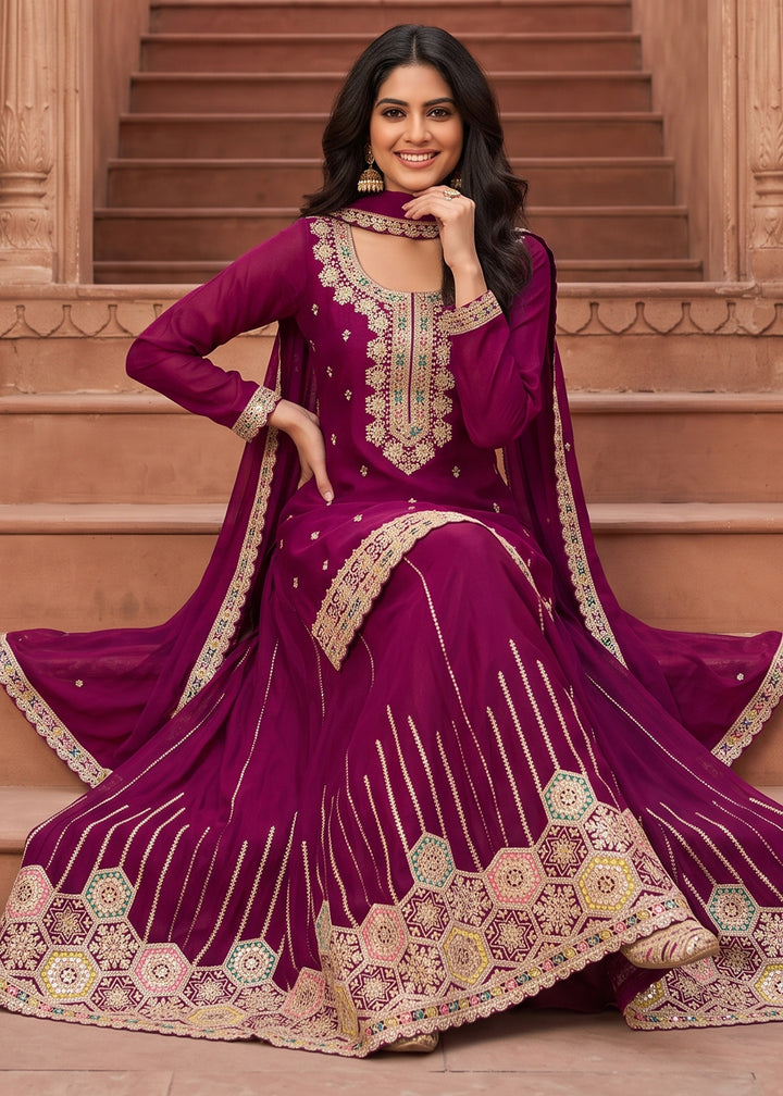 Lollipop Purple Chinon Silk Sharara Suit with Ornamental Embroidery