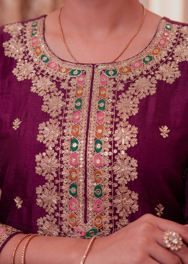 Lollipop Purple Chinon Silk Sharara Suit with Ornamental Embroidery