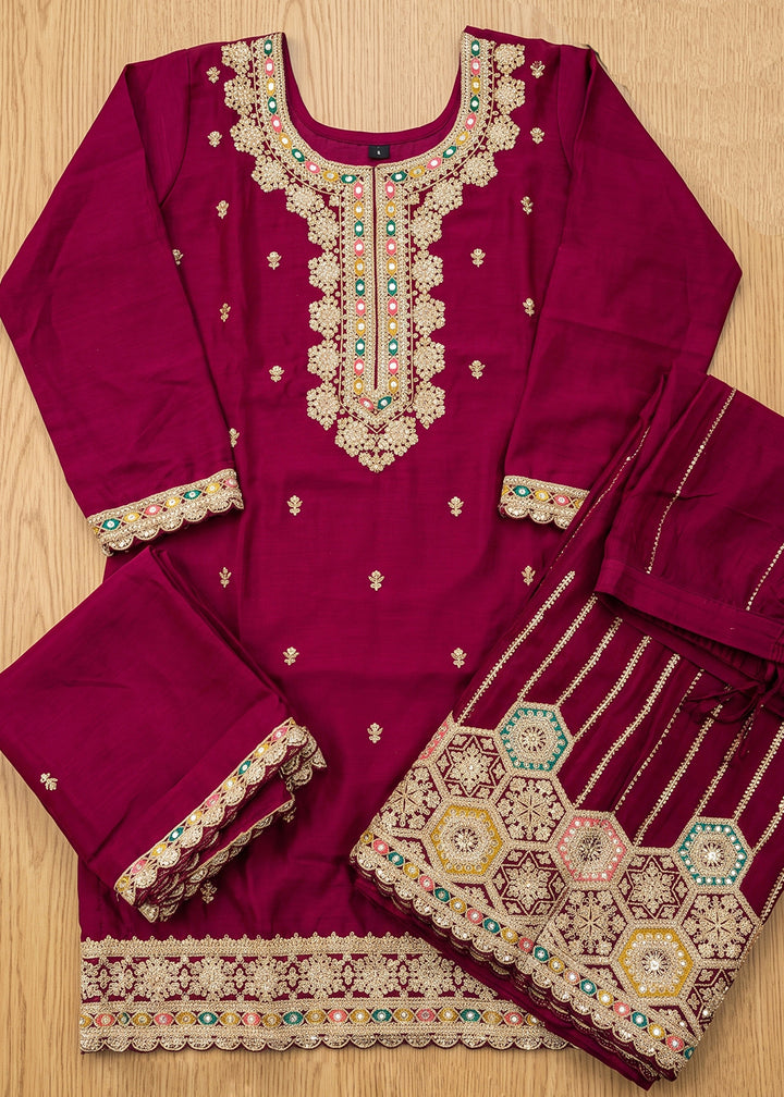 Lollipop Purple Chinon Silk Sharara Suit with Ornamental Embroidery