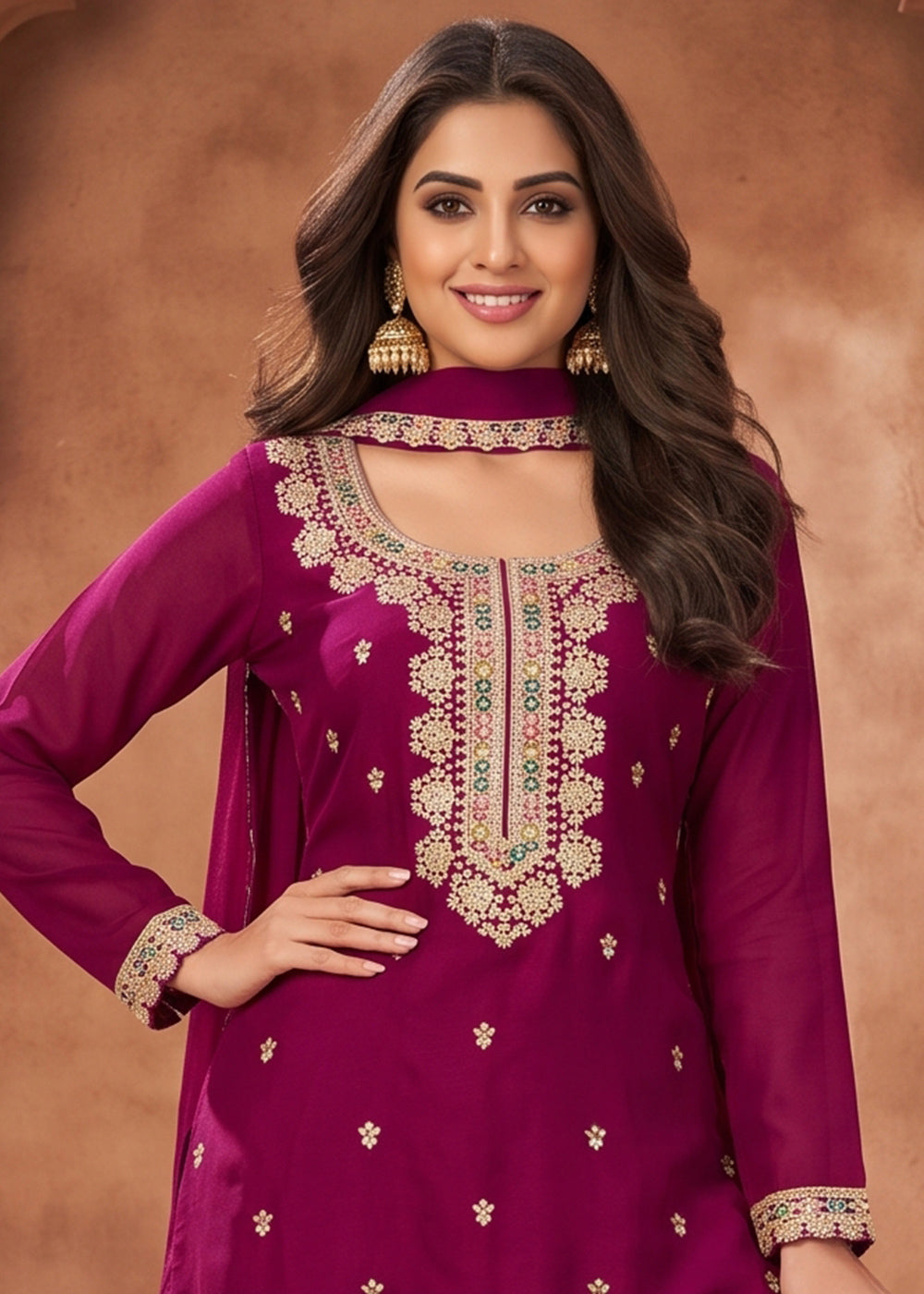 Lollipop Purple Chinon Silk Sharara Suit with Ornamental Embroidery