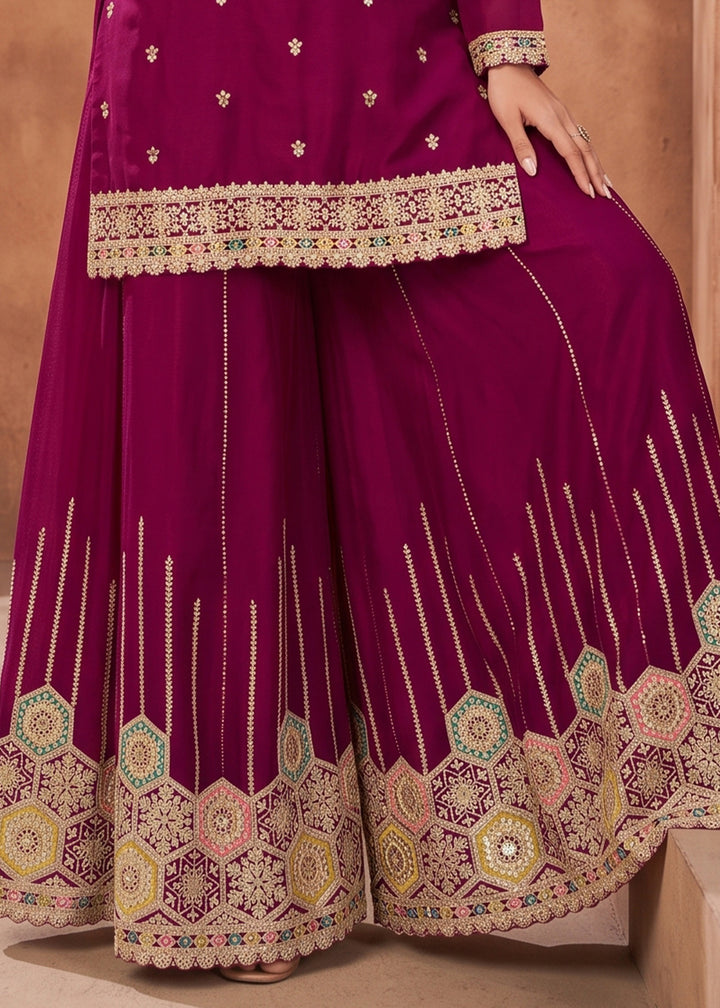 Lollipop Purple Chinon Silk Sharara Suit with Ornamental Embroidery