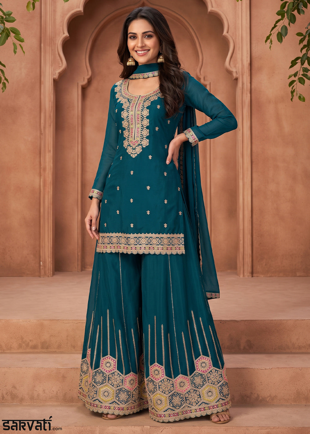 Yale Blue Chinon Silk Sharara Suit with Ornamental Embroidery