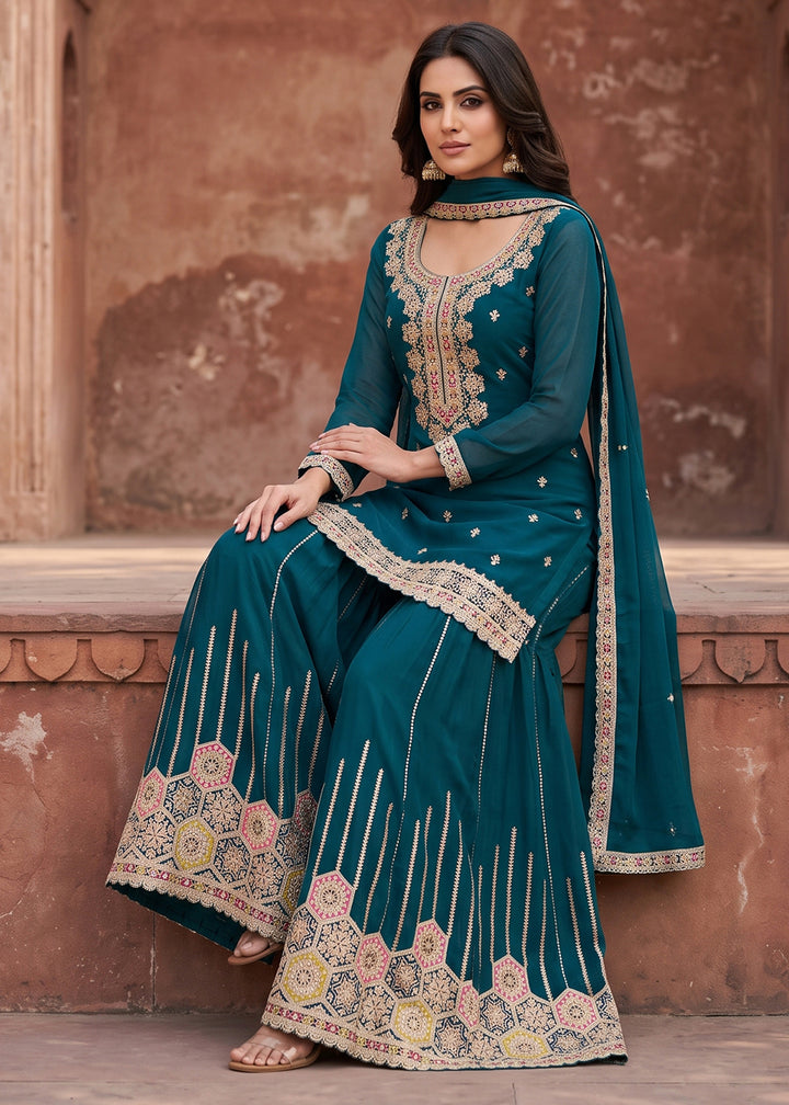 Yale Blue Chinon Silk Sharara Suit with Ornamental Embroidery