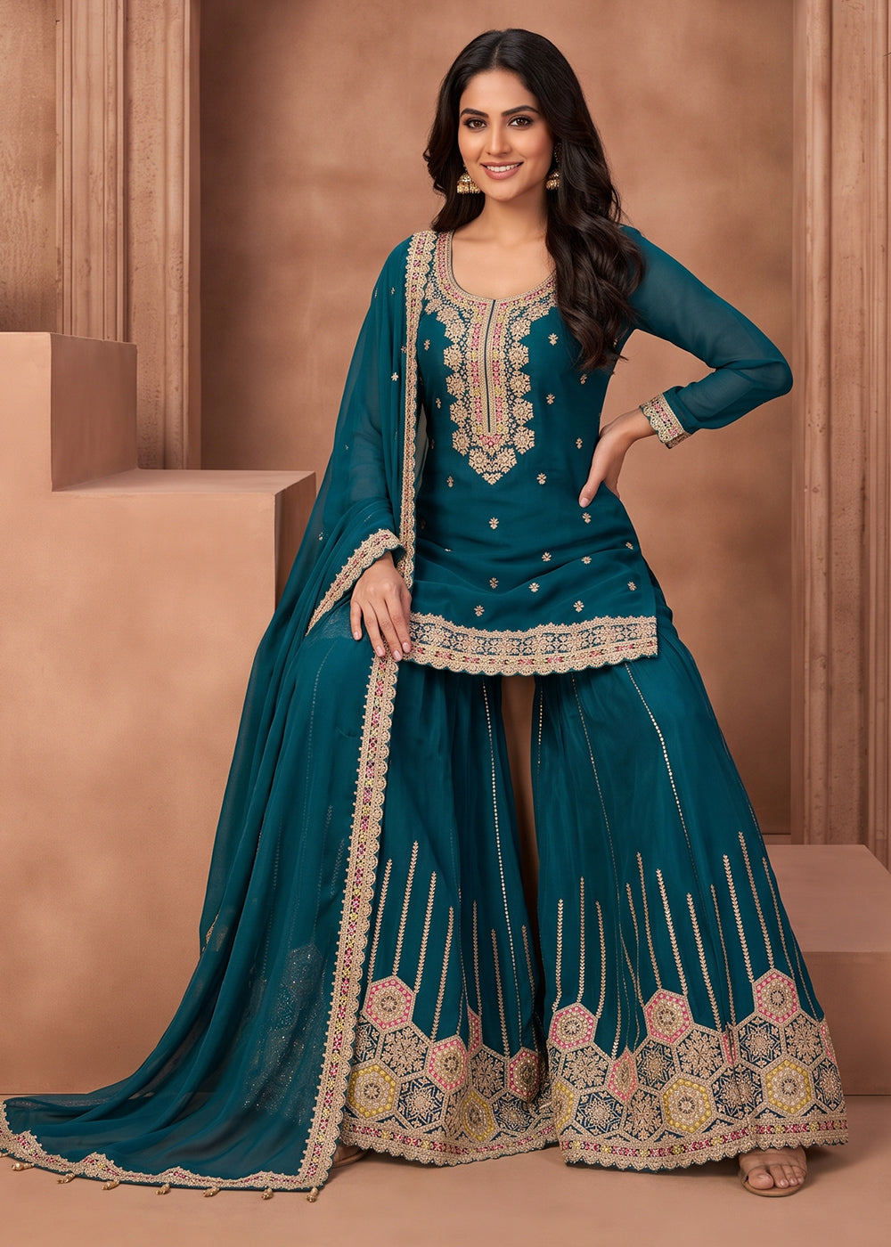 Yale Blue Chinon Silk Sharara Suit with Ornamental Embroidery