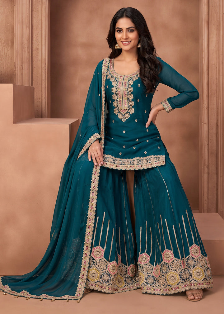 Yale Blue Chinon Silk Sharara Suit with Ornamental Embroidery