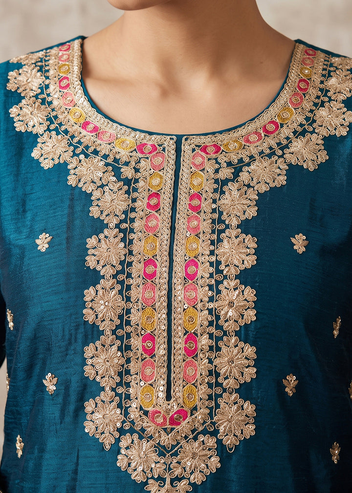 Yale Blue Chinon Silk Sharara Suit with Ornamental Embroidery