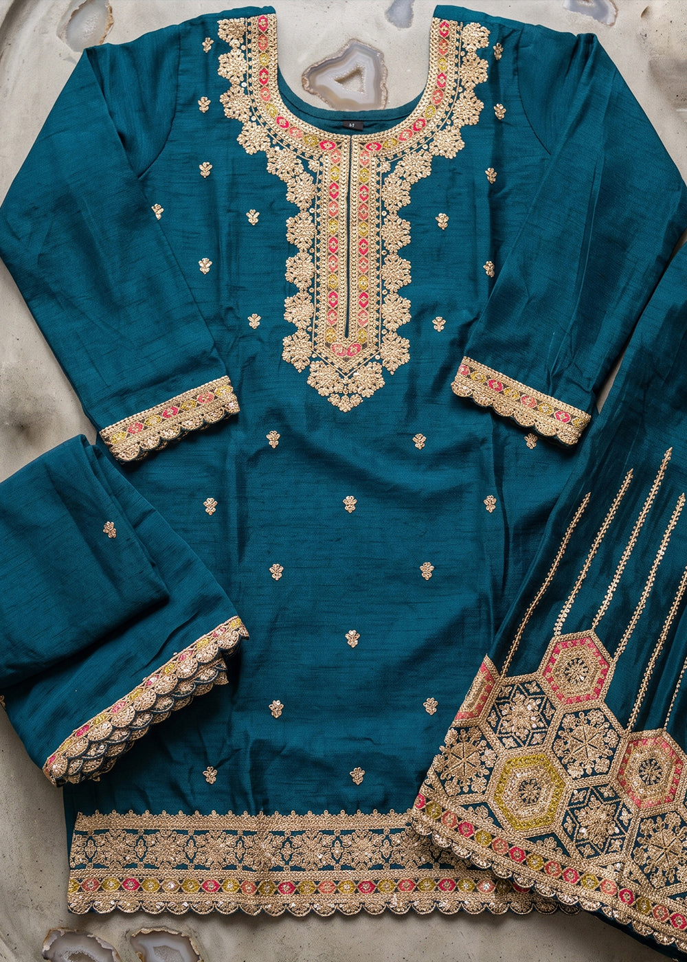 Yale Blue Chinon Silk Sharara Suit with Ornamental Embroidery