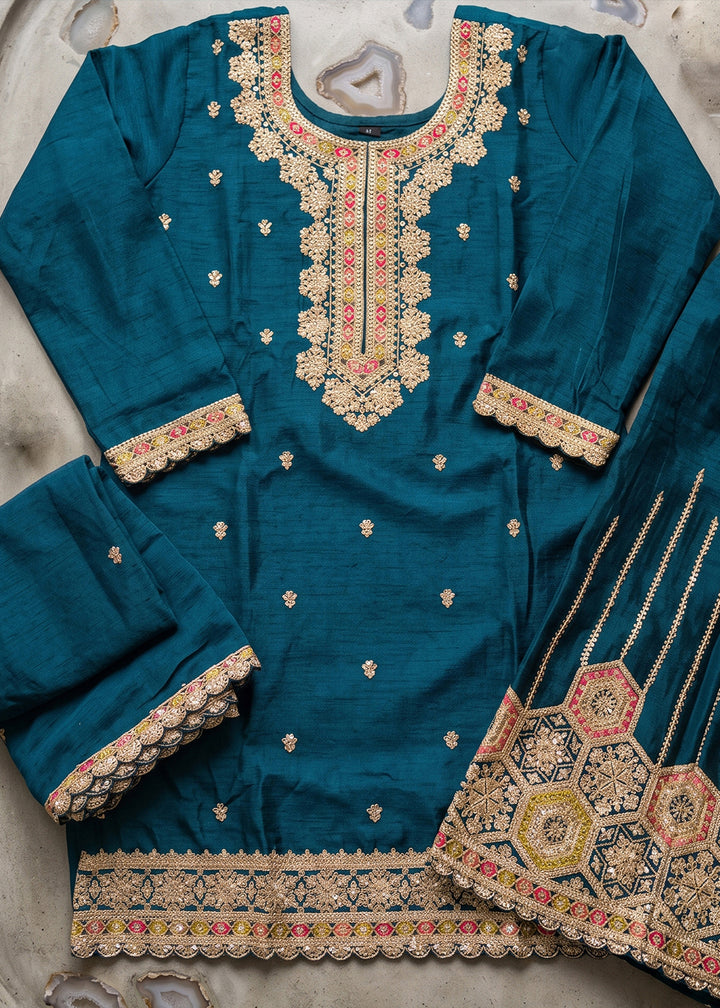 Yale Blue Chinon Silk Sharara Suit with Ornamental Embroidery