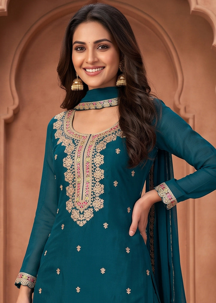 Yale Blue Chinon Silk Sharara Suit with Ornamental Embroidery