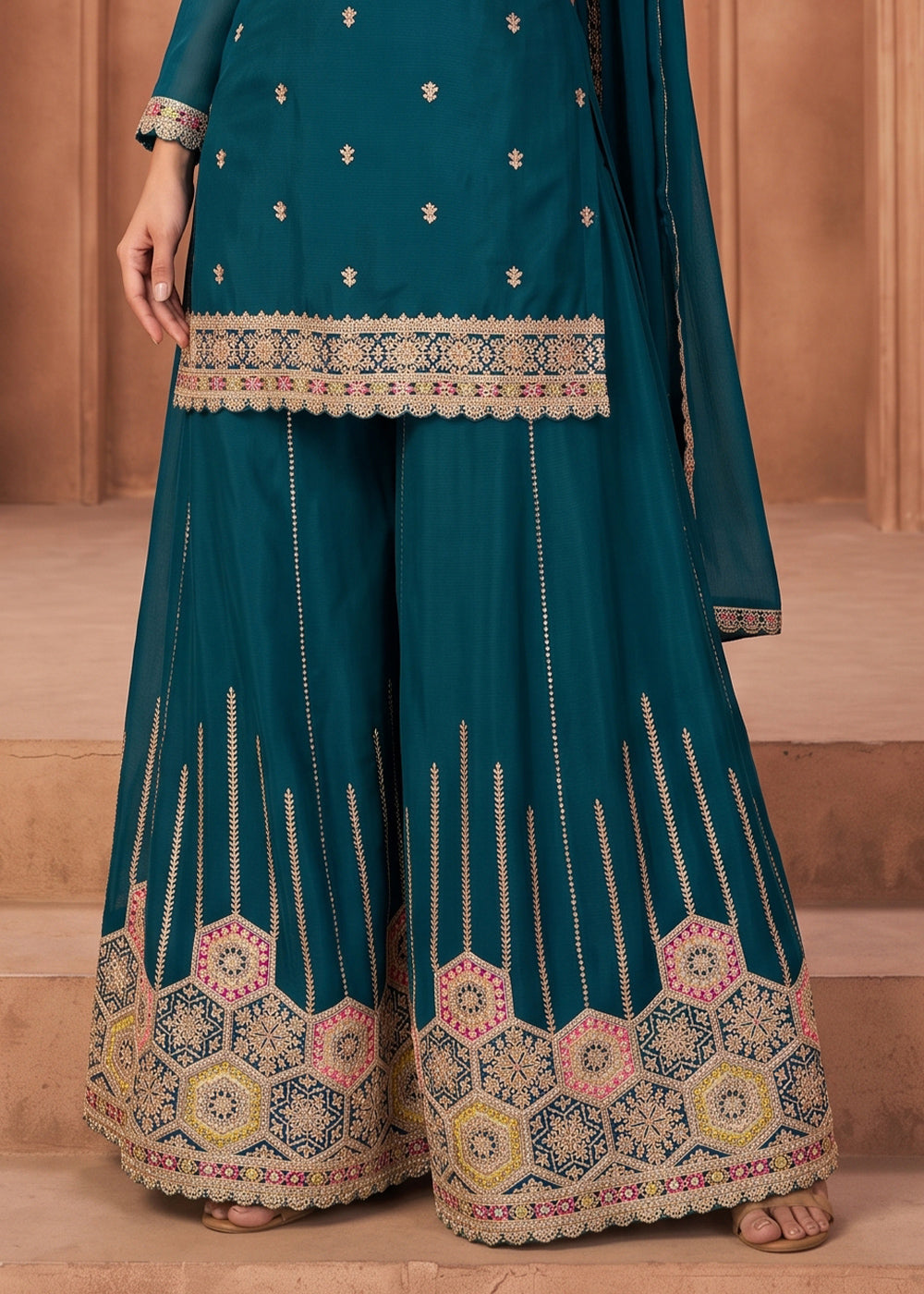 Yale Blue Chinon Silk Sharara Suit with Ornamental Embroidery