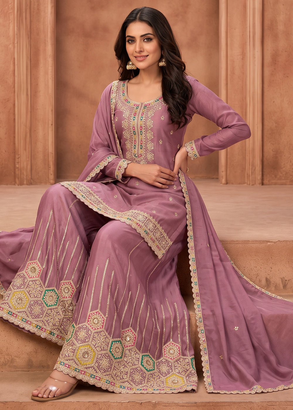 Lilac Purple Chinon Silk Sharara Suit with Ornamental Embroidery