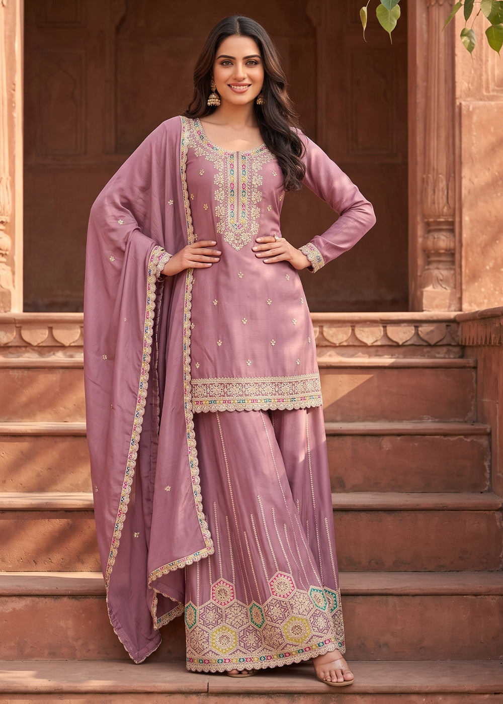 Lilac Purple Chinon Silk Sharara Suit with Ornamental Embroidery
