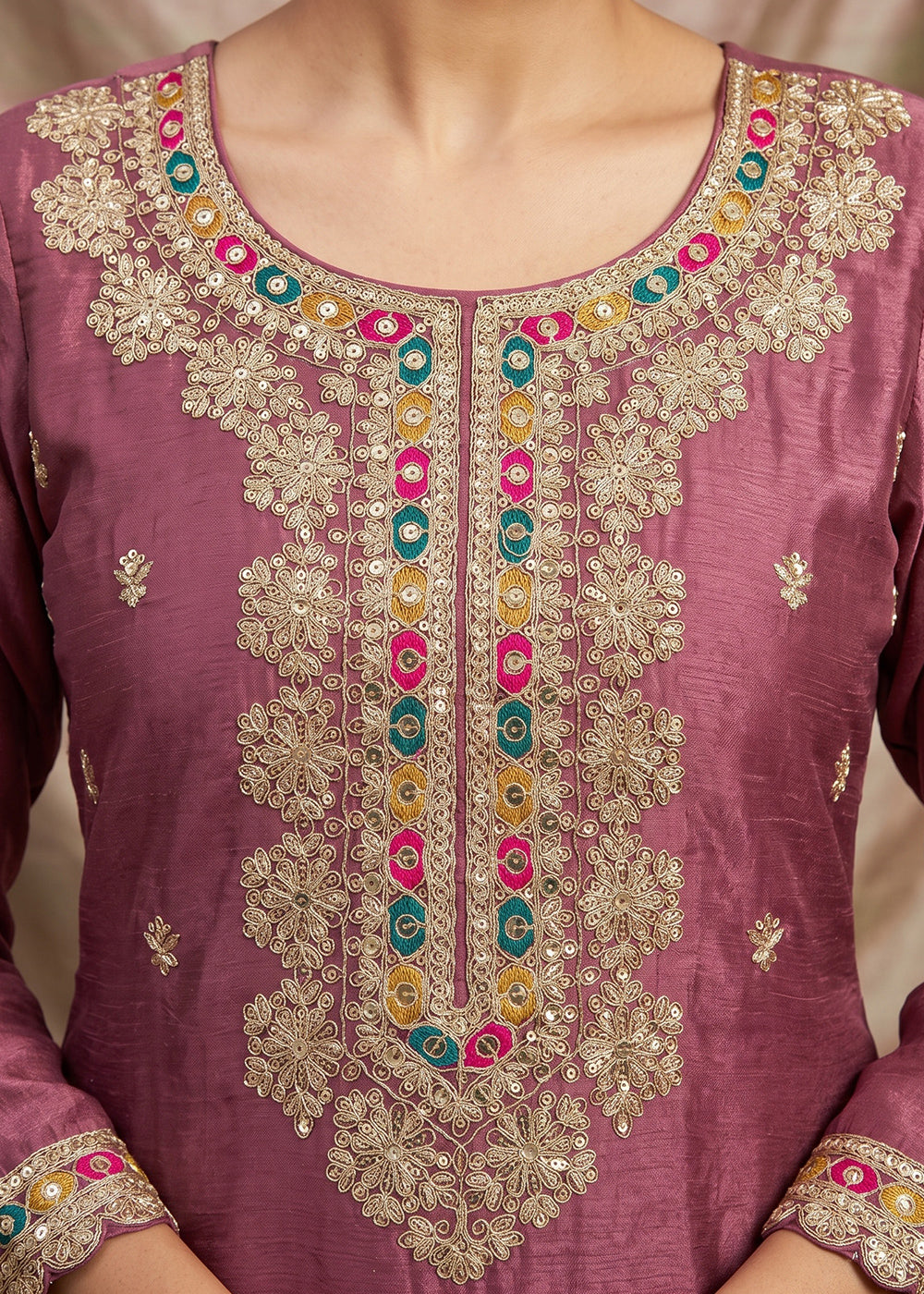Lilac Purple Chinon Silk Sharara Suit with Ornamental Embroidery